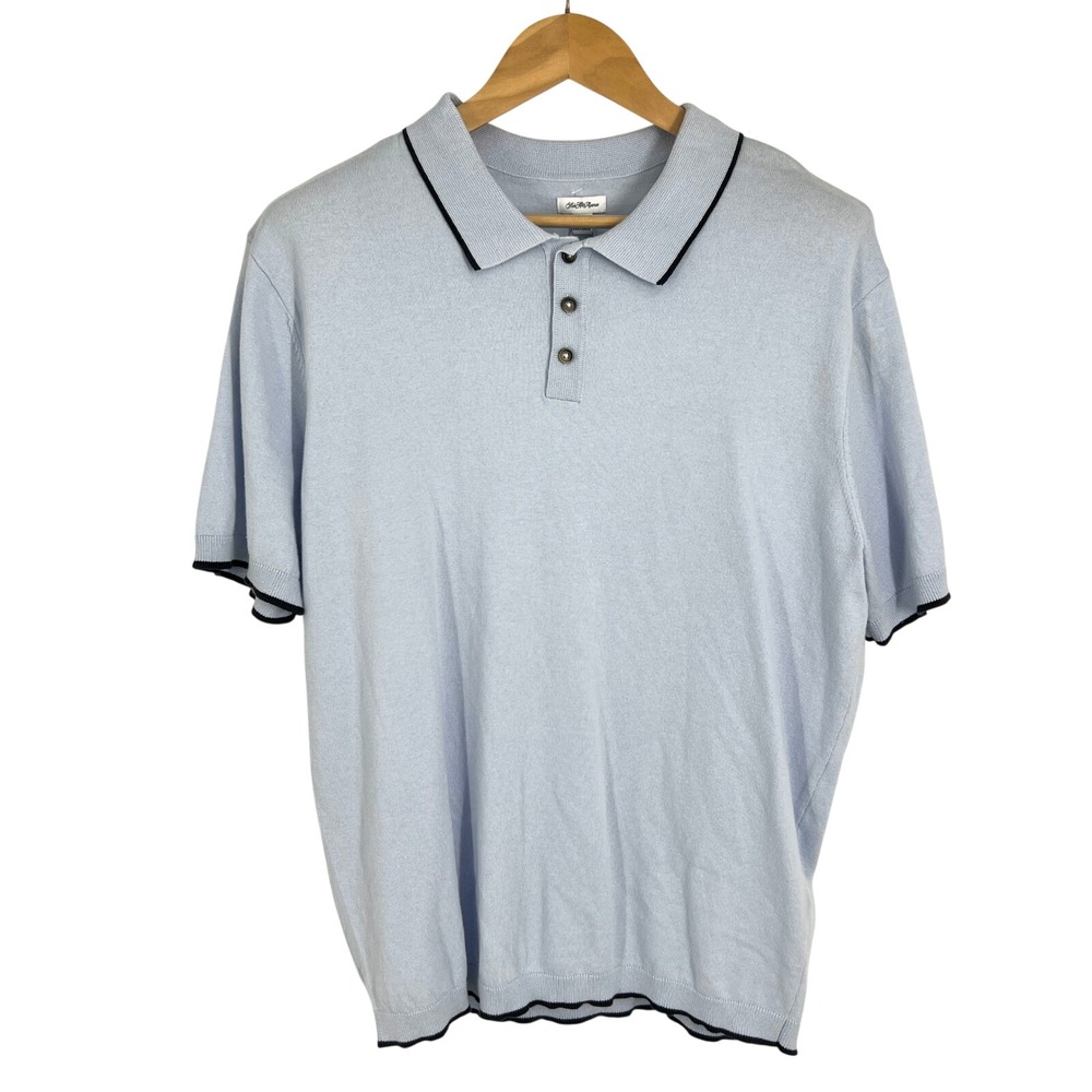 Saks Fifth Avenue Mens Light Blue Knit Polo Shirt Navy Trim 44S6SO804-450 Size L